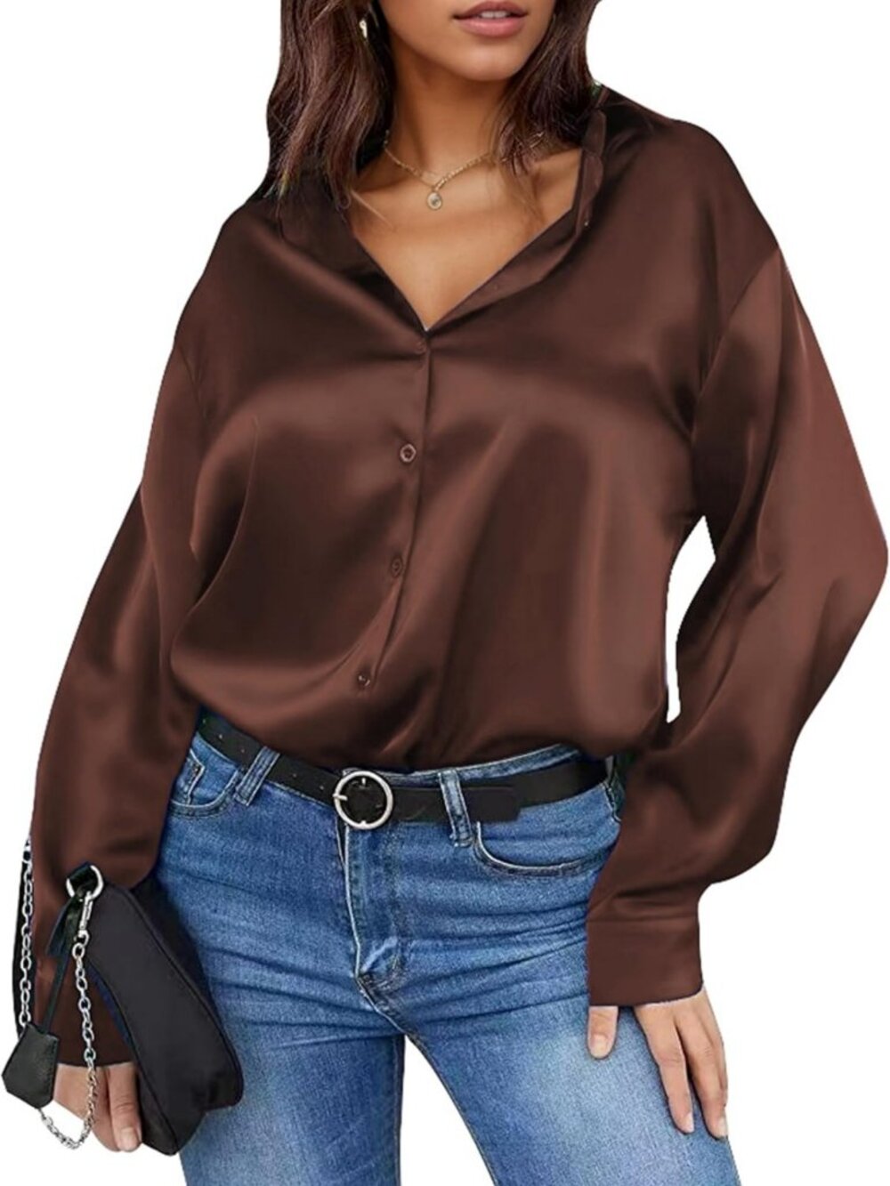 Chic Women's Satin Long Sleeve Button-Down Blouse - Elegant Dress Shirt Top
